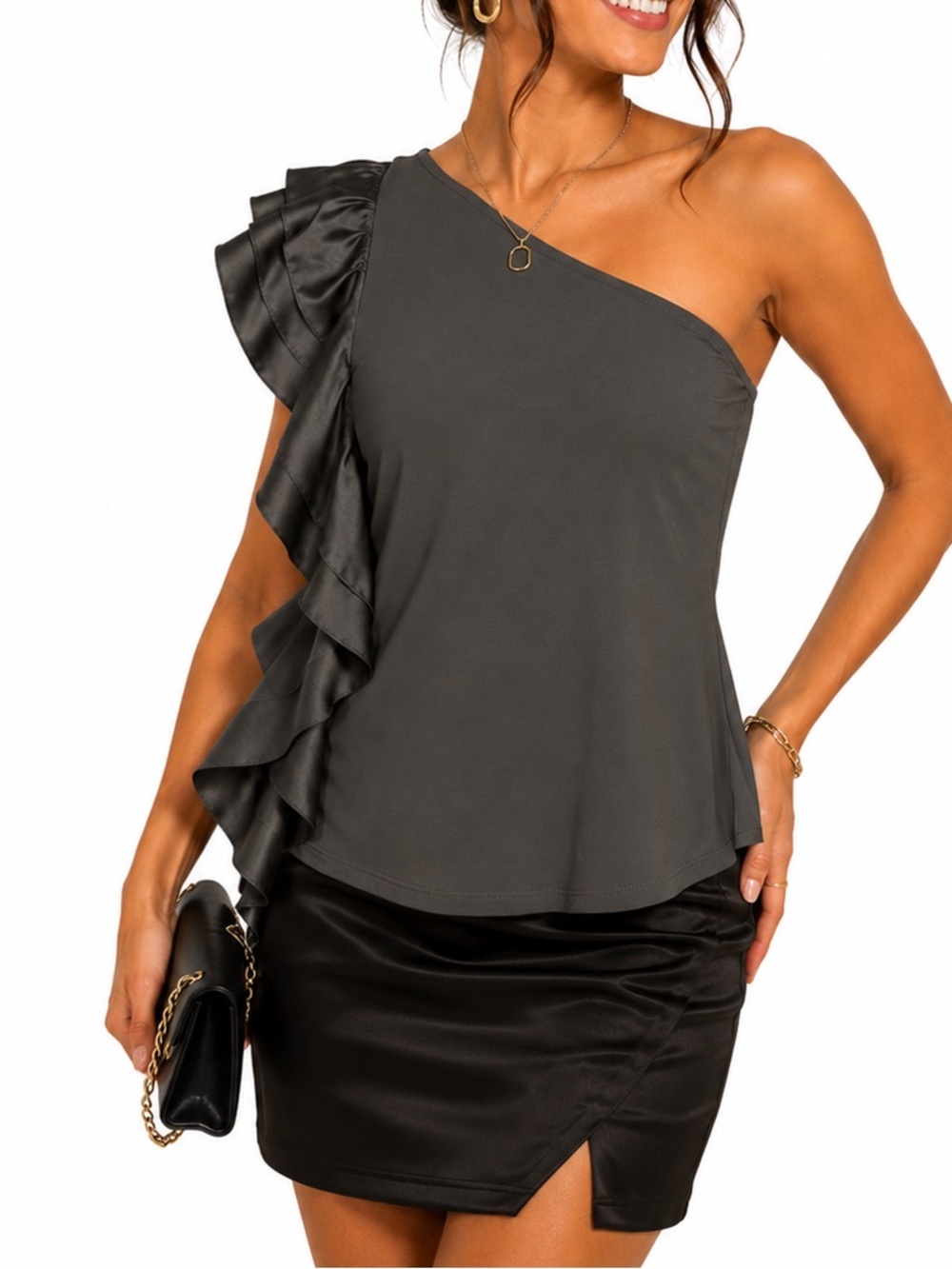 Authentic Y2K One Shoulder Satin Ruffle Trim Going Out Party Top Charcoal Gray M